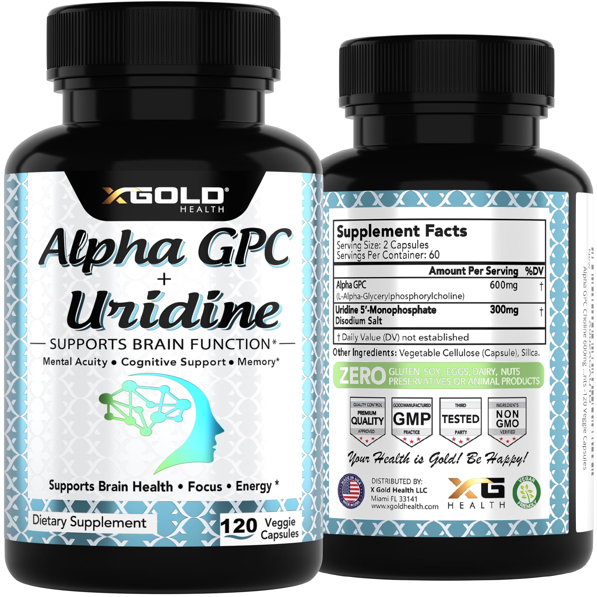 X Gold Health Alpha GPC Uridine capsules in hand for daily focus.