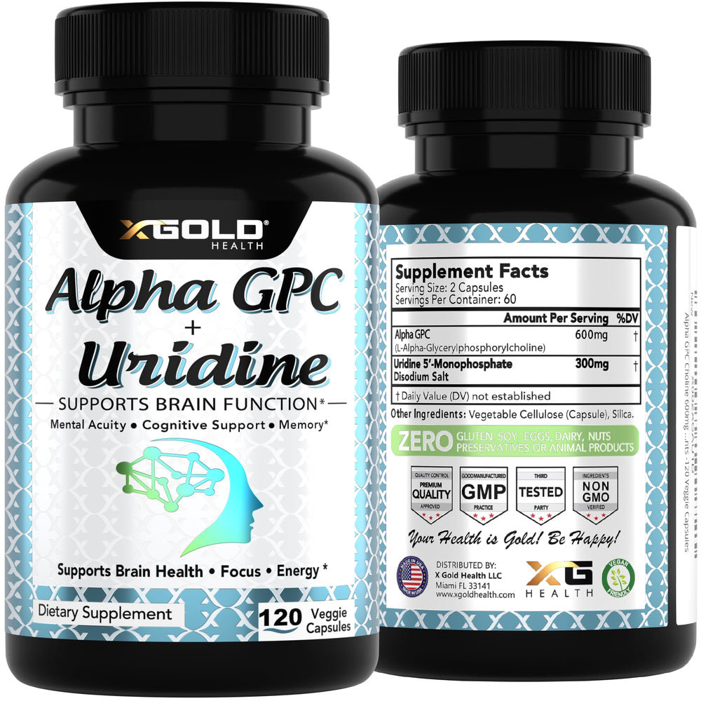X Gold Health Alpha GPC Uridine capsules in hand for daily focus.