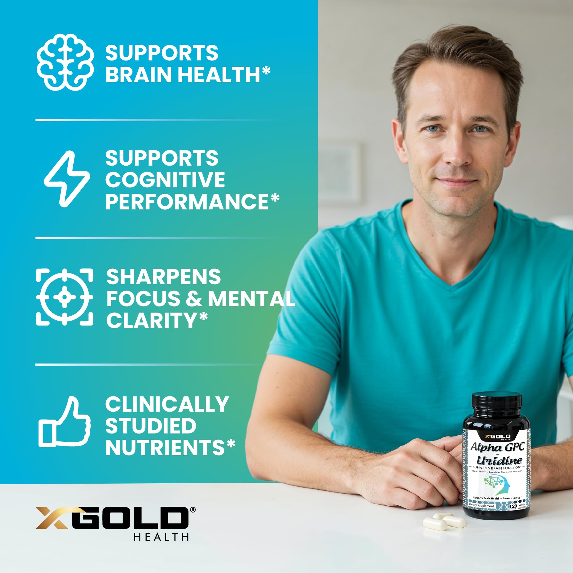 X Gold Health Alpha GPC Uridine label detail shows ingredients and vegan formula.