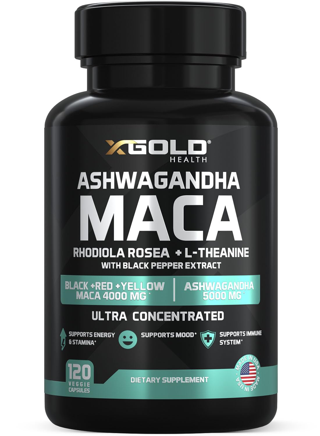 X Gold Health Ashwagandha–Maca capsules in bottle offer daily energy support.