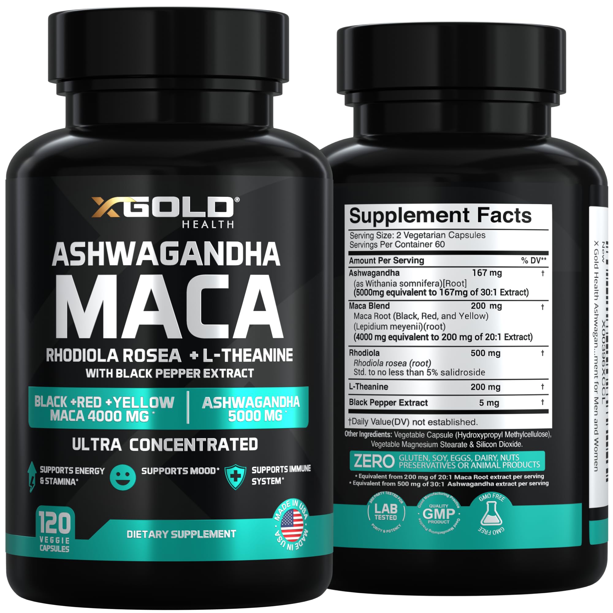 X Gold Health Ashwagandha–Maca capsules side view for balanced energy and endurance.