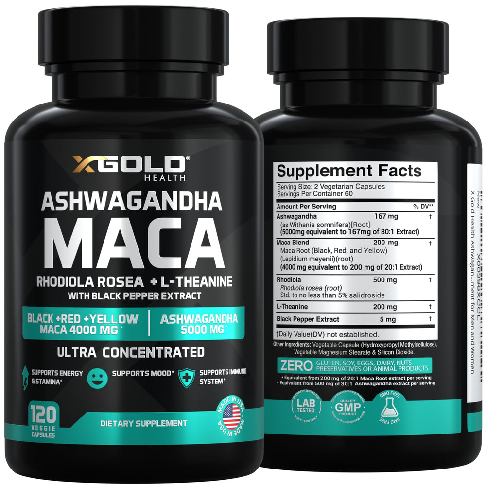 X Gold Health Ashwagandha–Maca capsules side view for balanced energy and endurance.