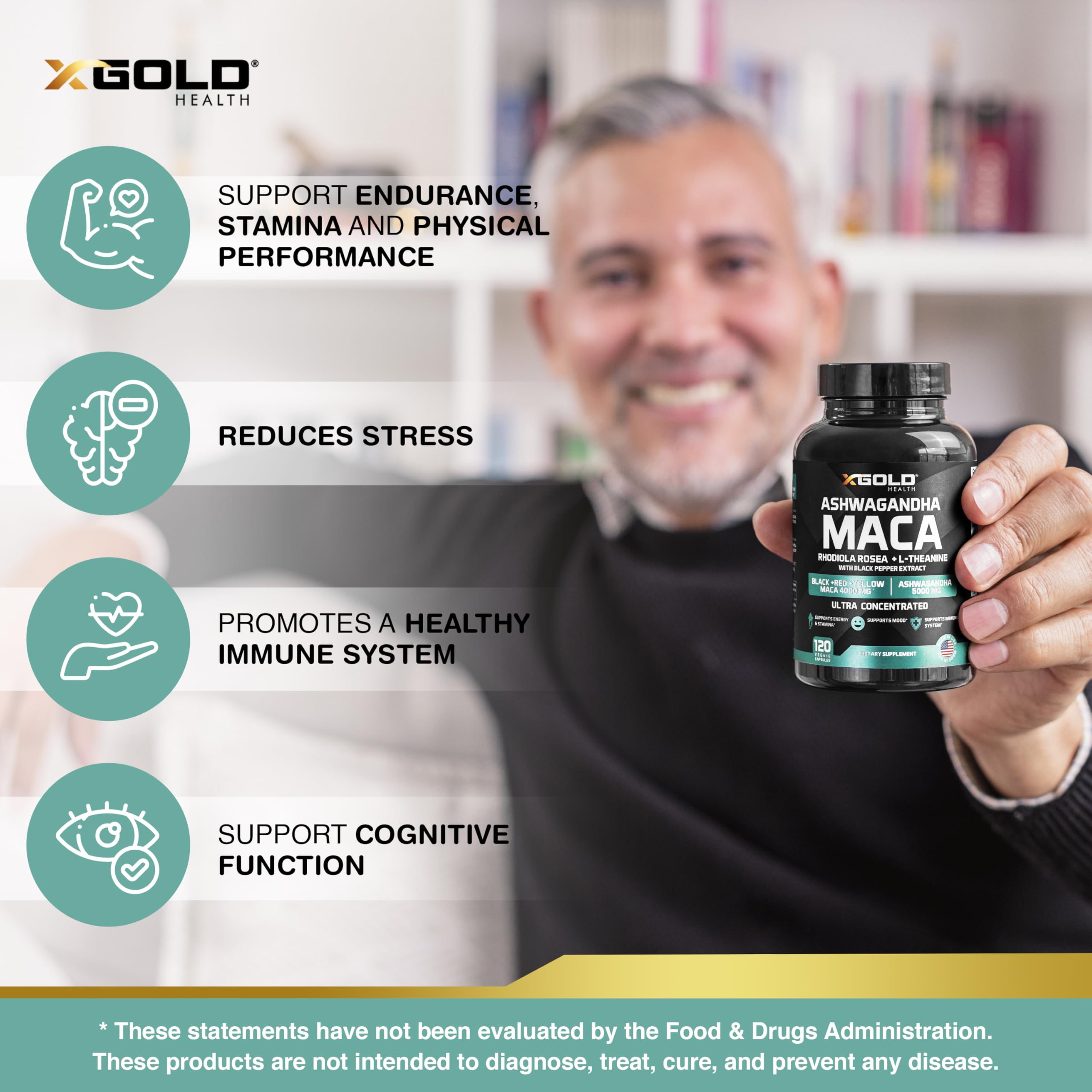 X Gold Health capsules pouring from bottle for quick daily energy boost.