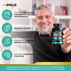 X Gold Health capsules pouring from bottle for quick daily energy boost.