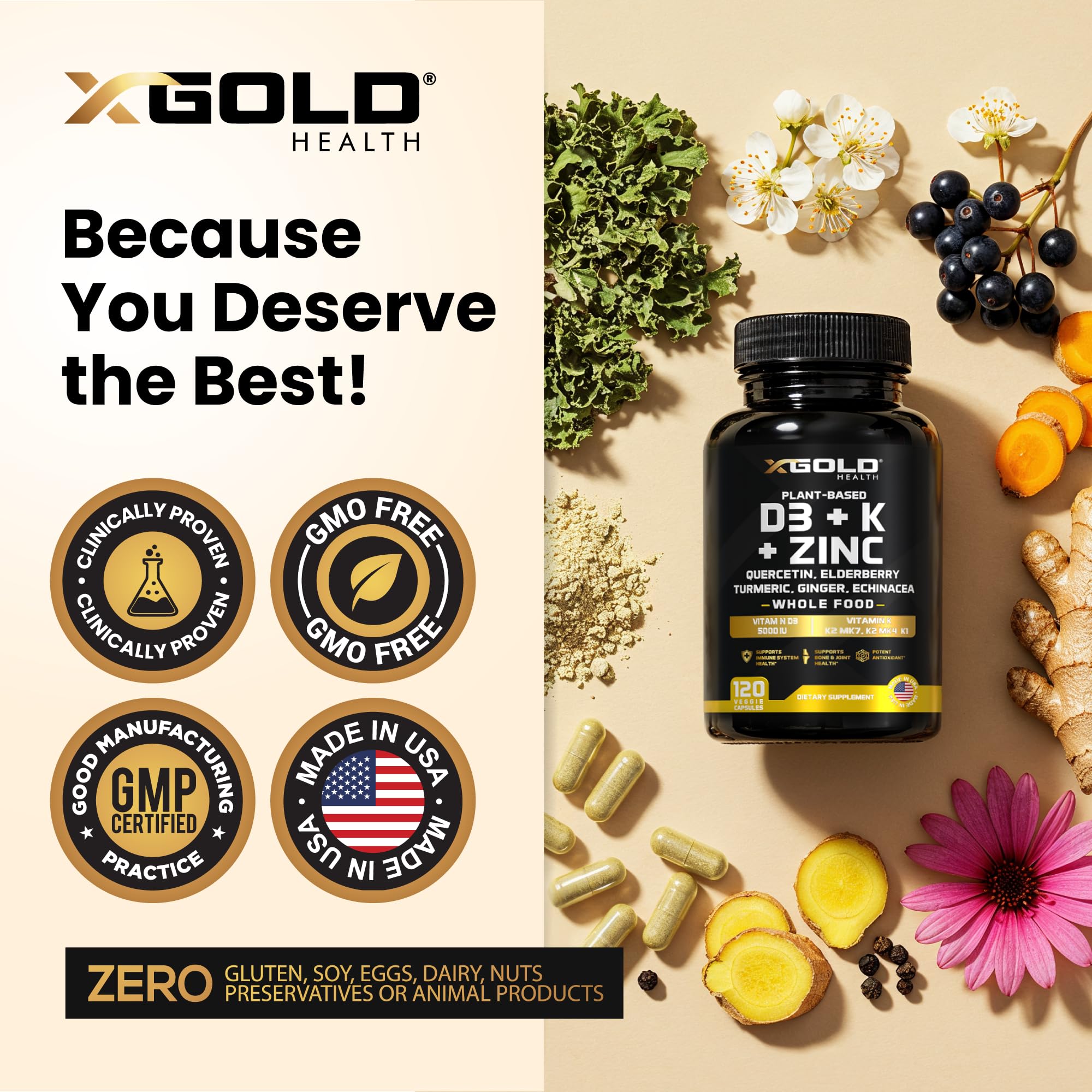 X Gold Health Elderberry, Turmeric, Ginger, and Echinacea capsule blend.