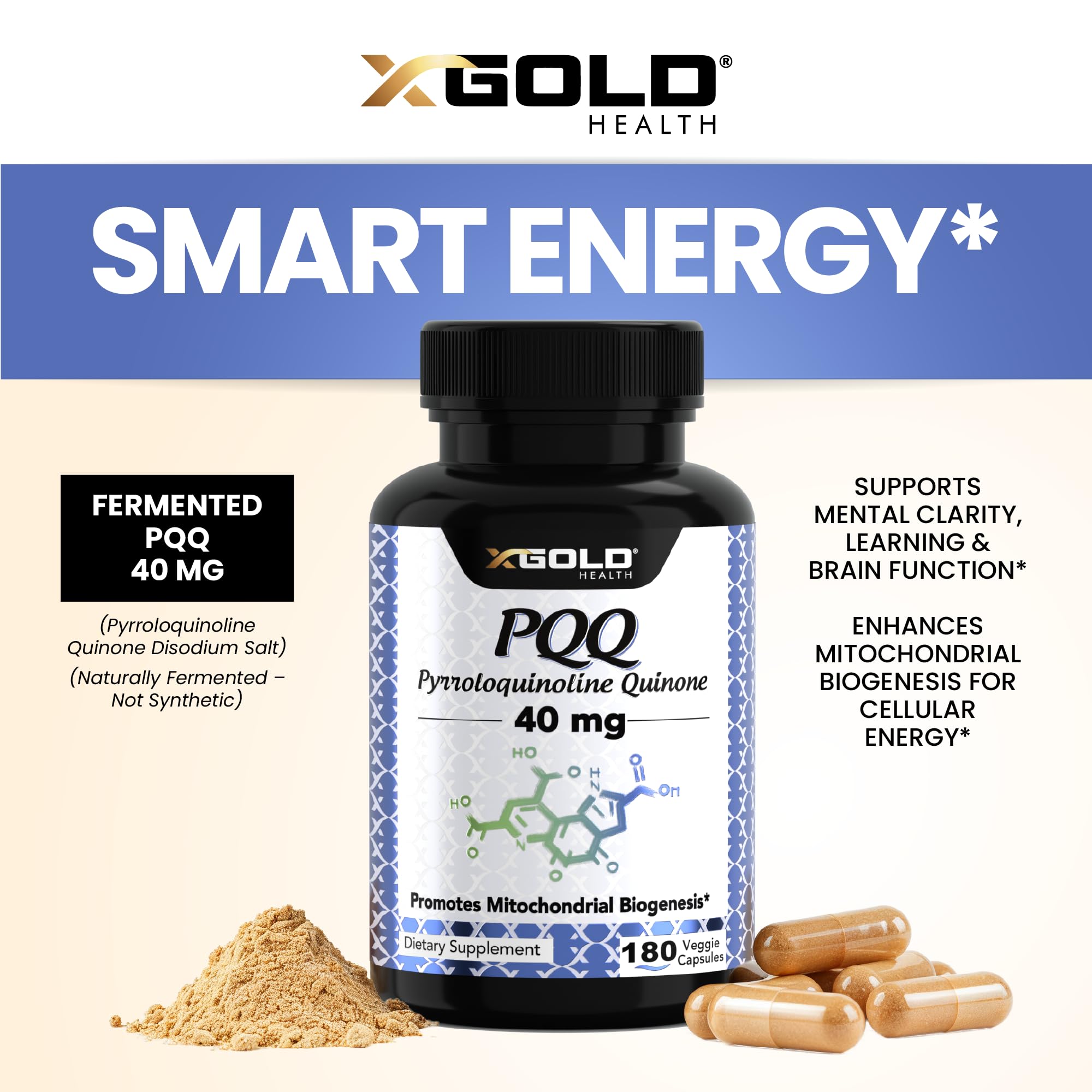 X Gold Health Fermented PQQ vegan capsules highlight bioavailable design