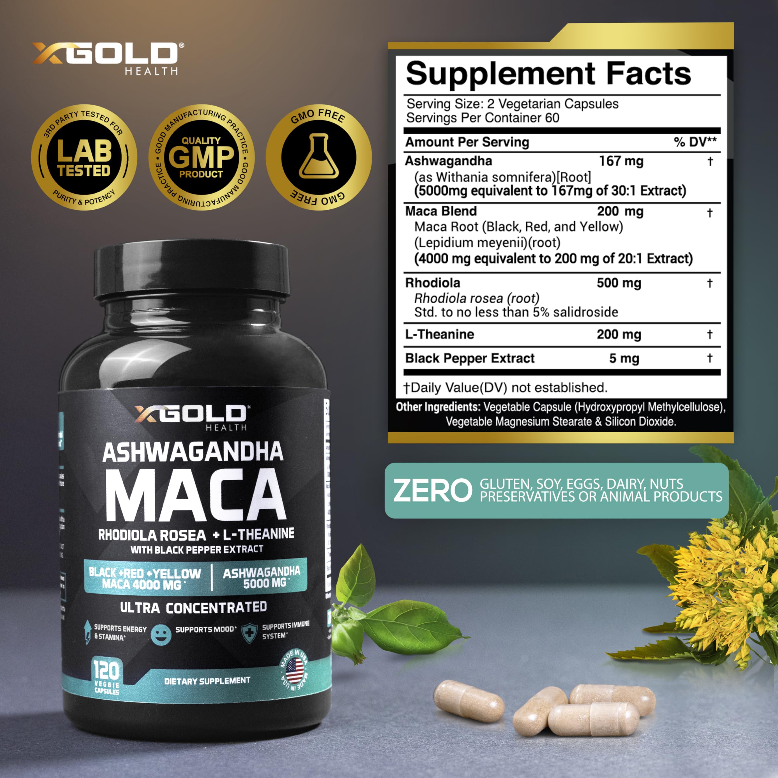 X Gold Health label front highlights 30:1 ashwagandha and 20:1 maca for vitality.