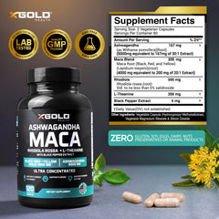 X Gold Health label front highlights 30:1 ashwagandha and 20:1 maca for vitality.