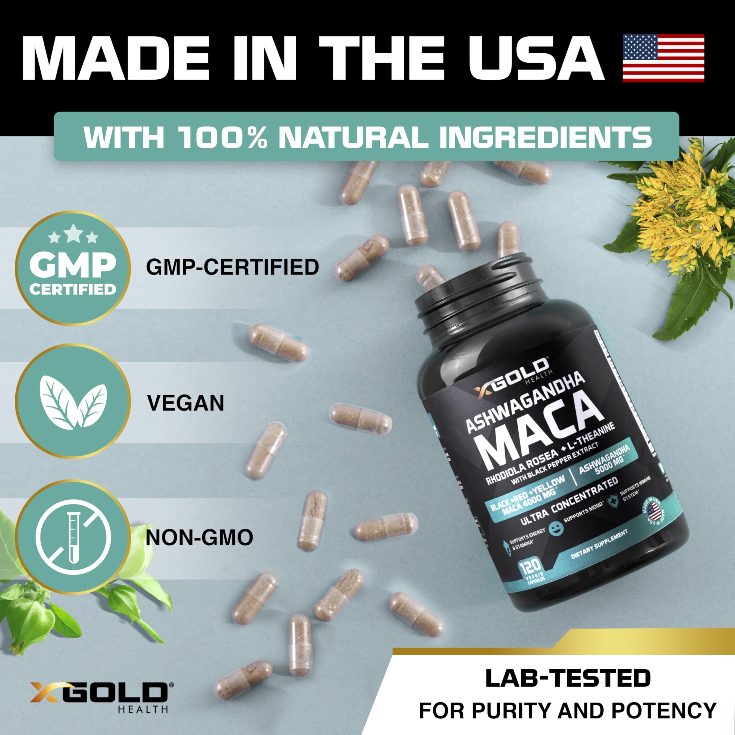 X Gold Health maca extract capsule closeup signals premium quality and potency.
