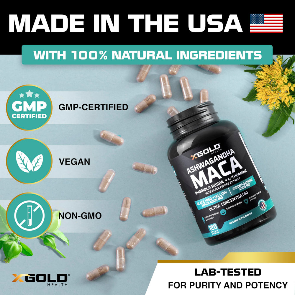 X Gold Health maca extract capsule closeup signals premium quality and potency.