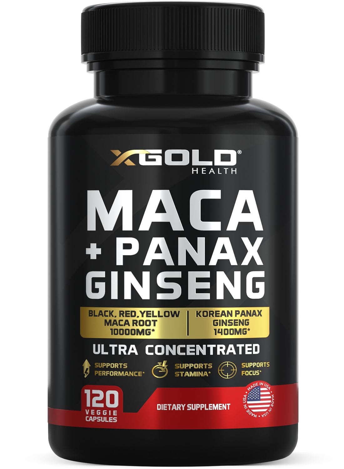 X Gold Health maca-ginseng capsules bottle front for daily energy