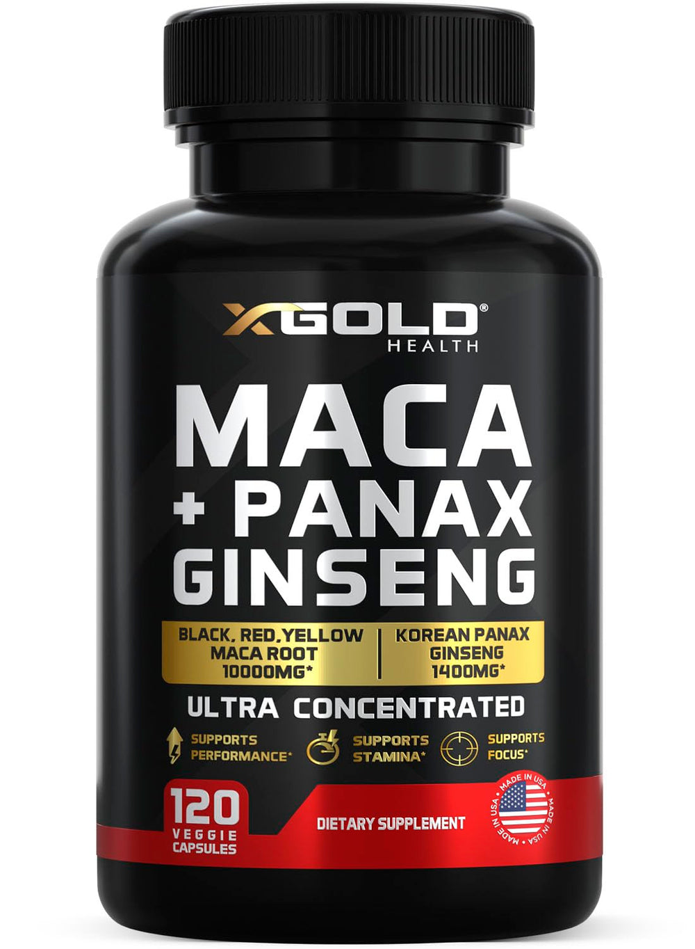 X Gold Health maca-ginseng capsules bottle front for daily energy
