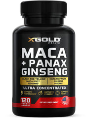 X Gold Health maca-ginseng capsules bottle front for daily energy
