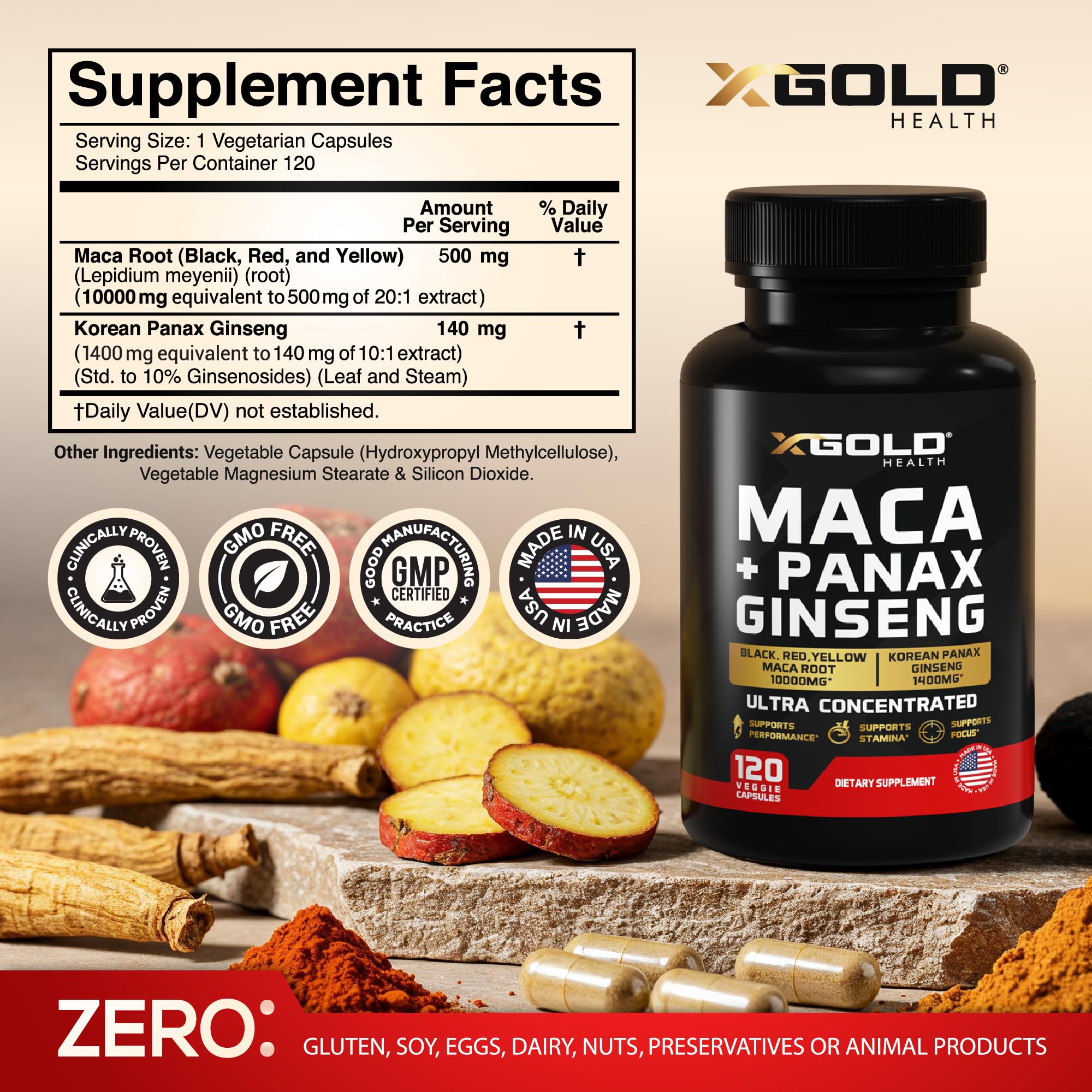 X Gold Health maca-ginseng capsule close-up on label showing high potency