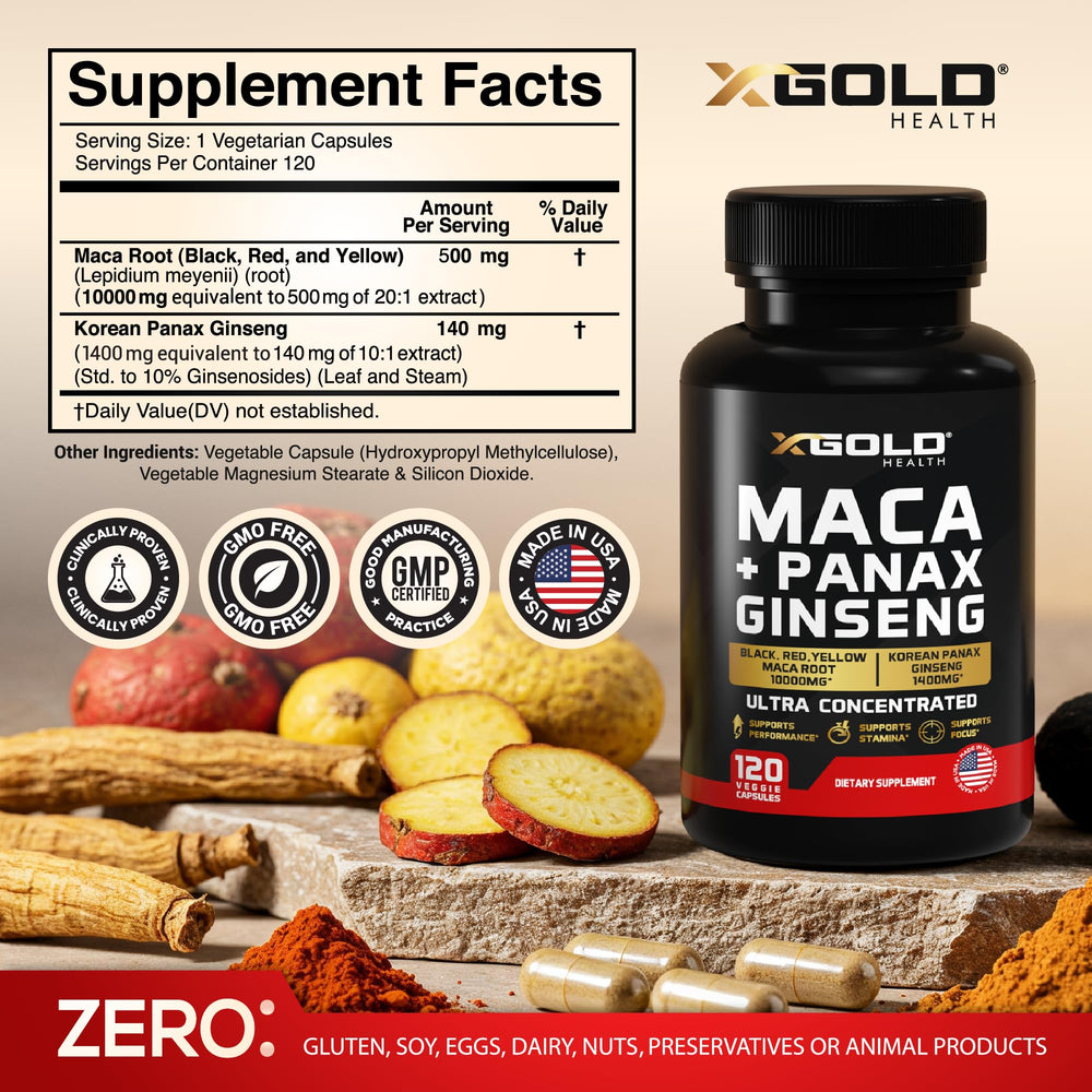 X Gold Health maca-ginseng capsule close-up on label showing high potency