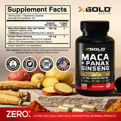 X Gold Health maca-ginseng capsule close-up on label showing high potency