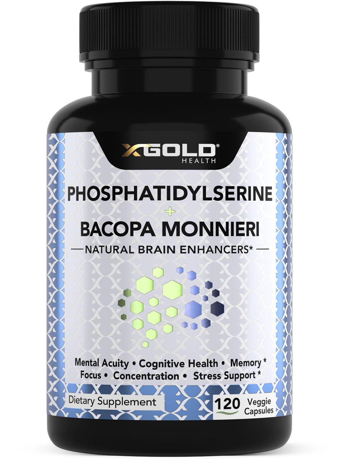 X Gold Health PhosphatidylSerine & Bacopa bottle front reinforces daily focus and mental clarity.