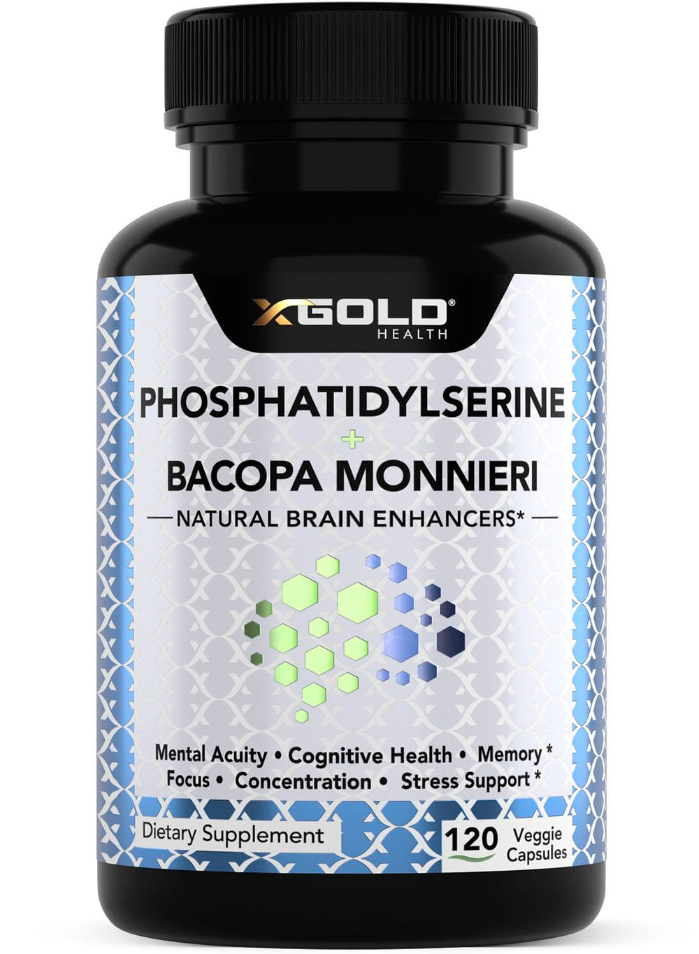 X Gold Health PhosphatidylSerine & Bacopa bottle front reinforces daily focus and mental clarity.
