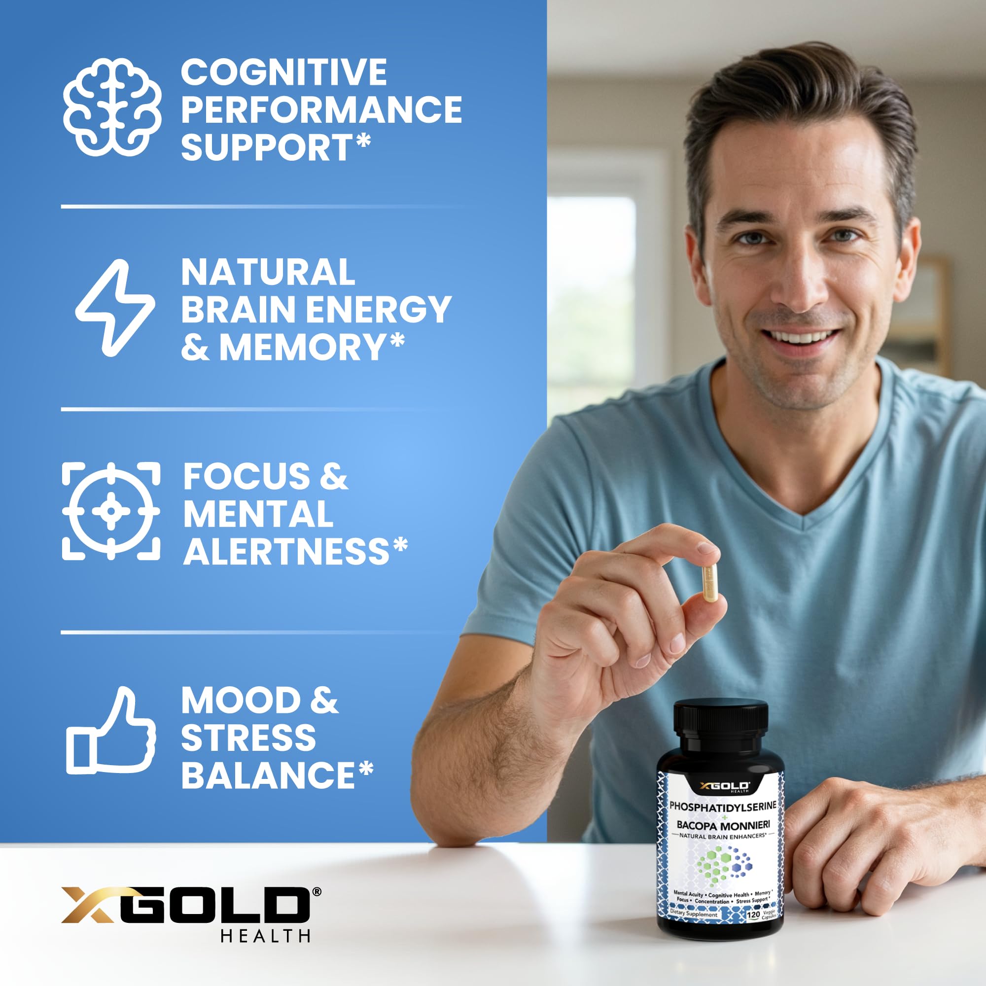 X Gold Health PhosphatidylSerine & Bacopa capsules closeup showcases vegan formula for everyday focus.