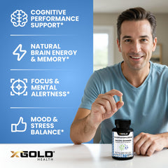 X Gold Health PhosphatidylSerine & Bacopa capsules closeup showcases vegan formula for everyday focus.
