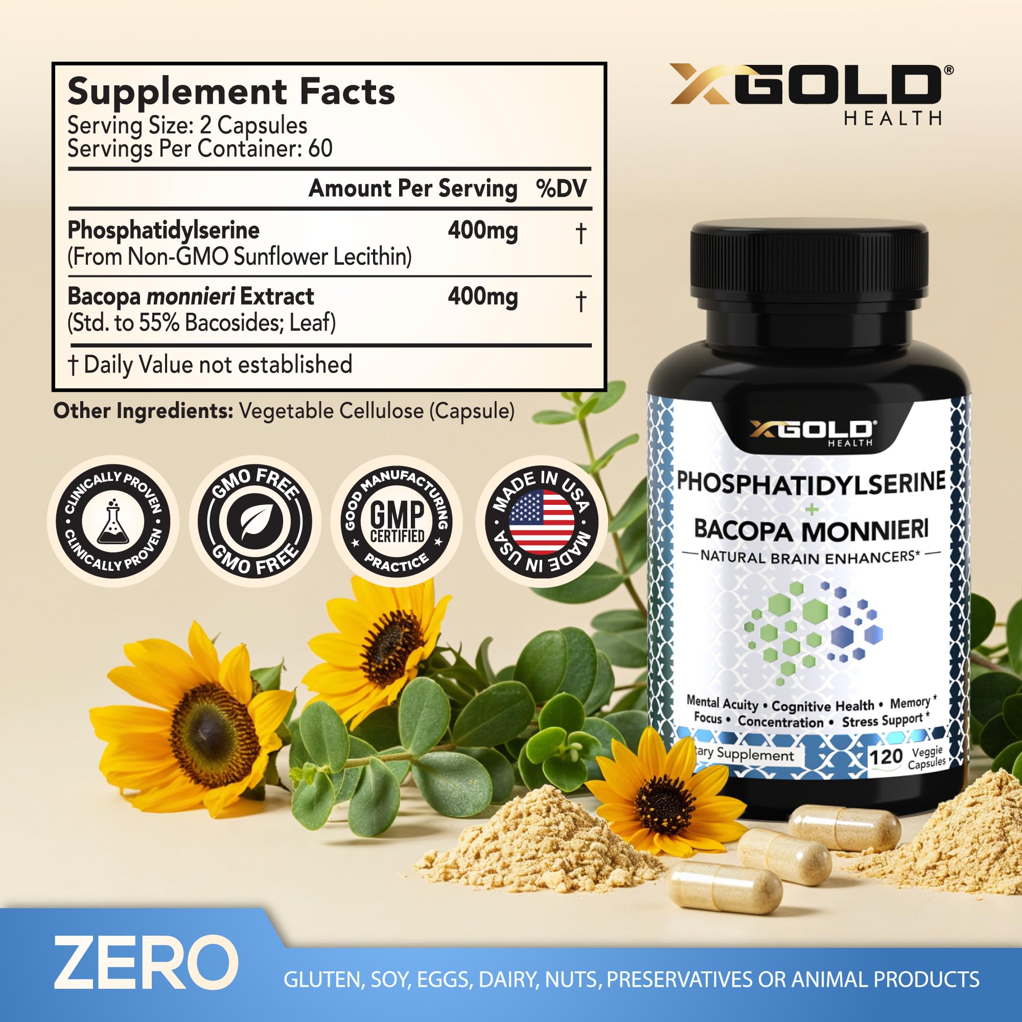 X Gold Health PhosphatidylSerine & Bacopa label closeup highlights clean ingredients for cognitive support.