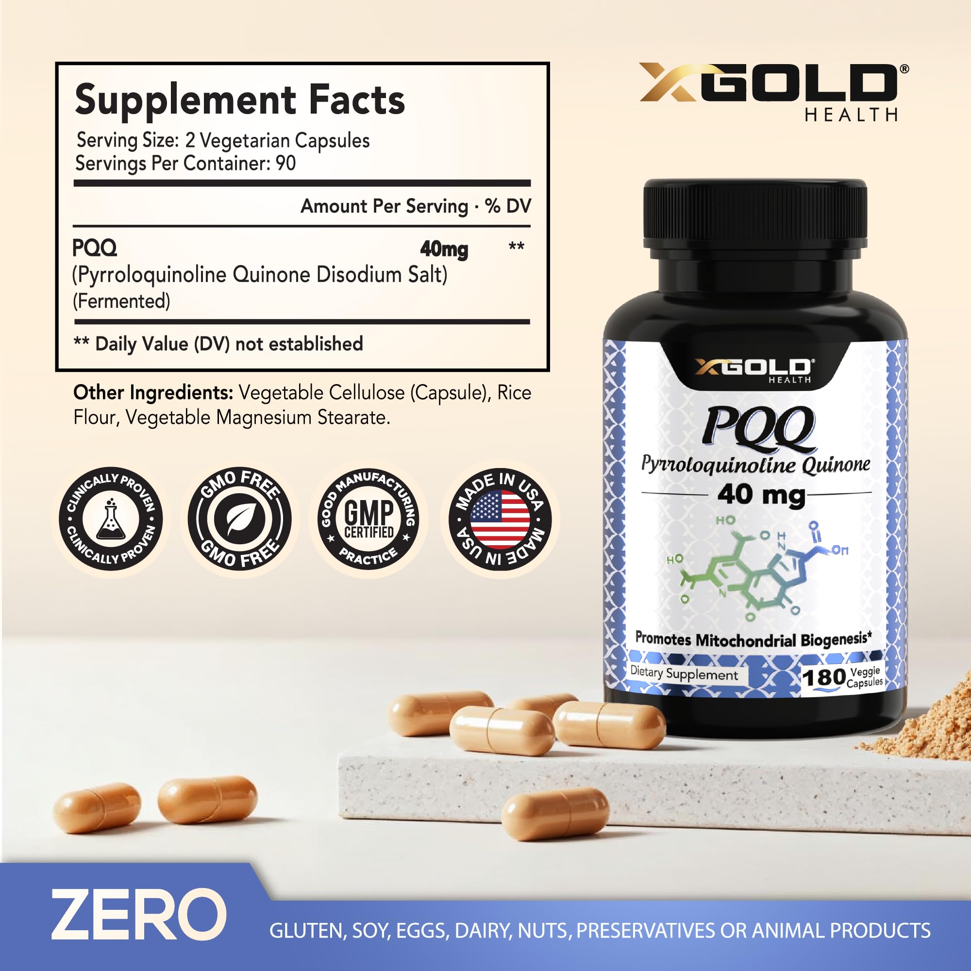 X Gold Health PQQ 40mg vegetarian capsules closeup showing vegan formula
