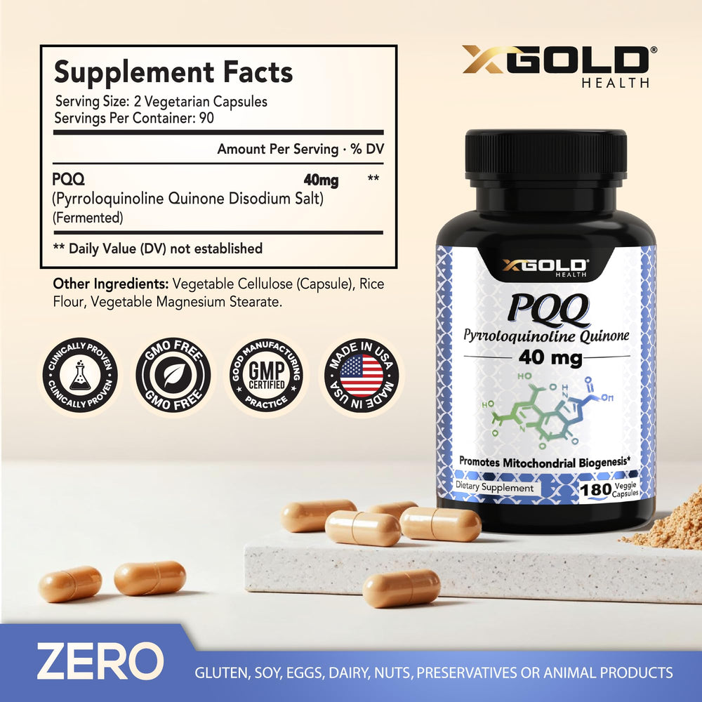 X Gold Health PQQ 40mg vegetarian capsules closeup showing vegan formula