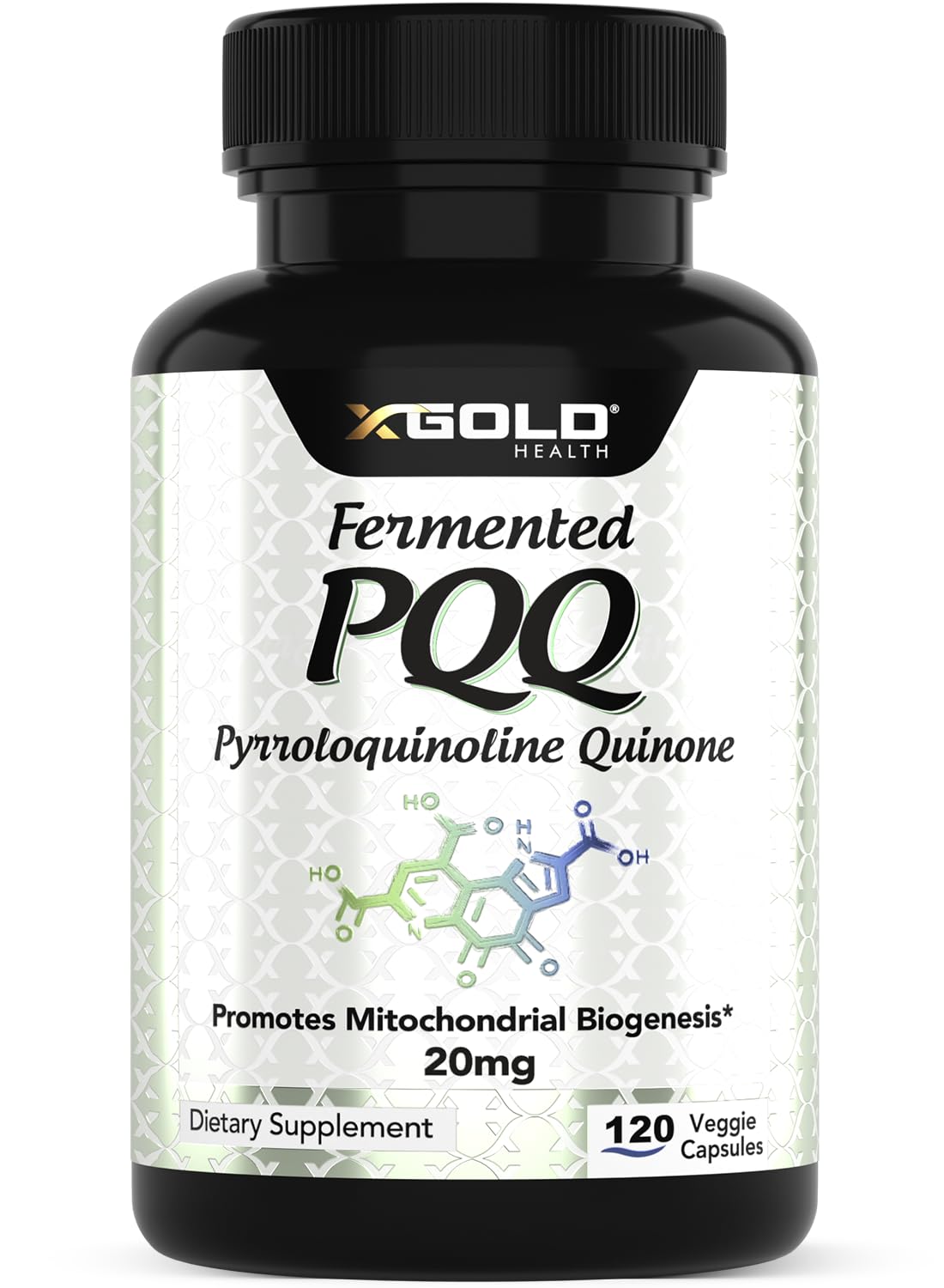 X Gold Health PQQ bottle front, signaling premium mitochondrial support for daily energy