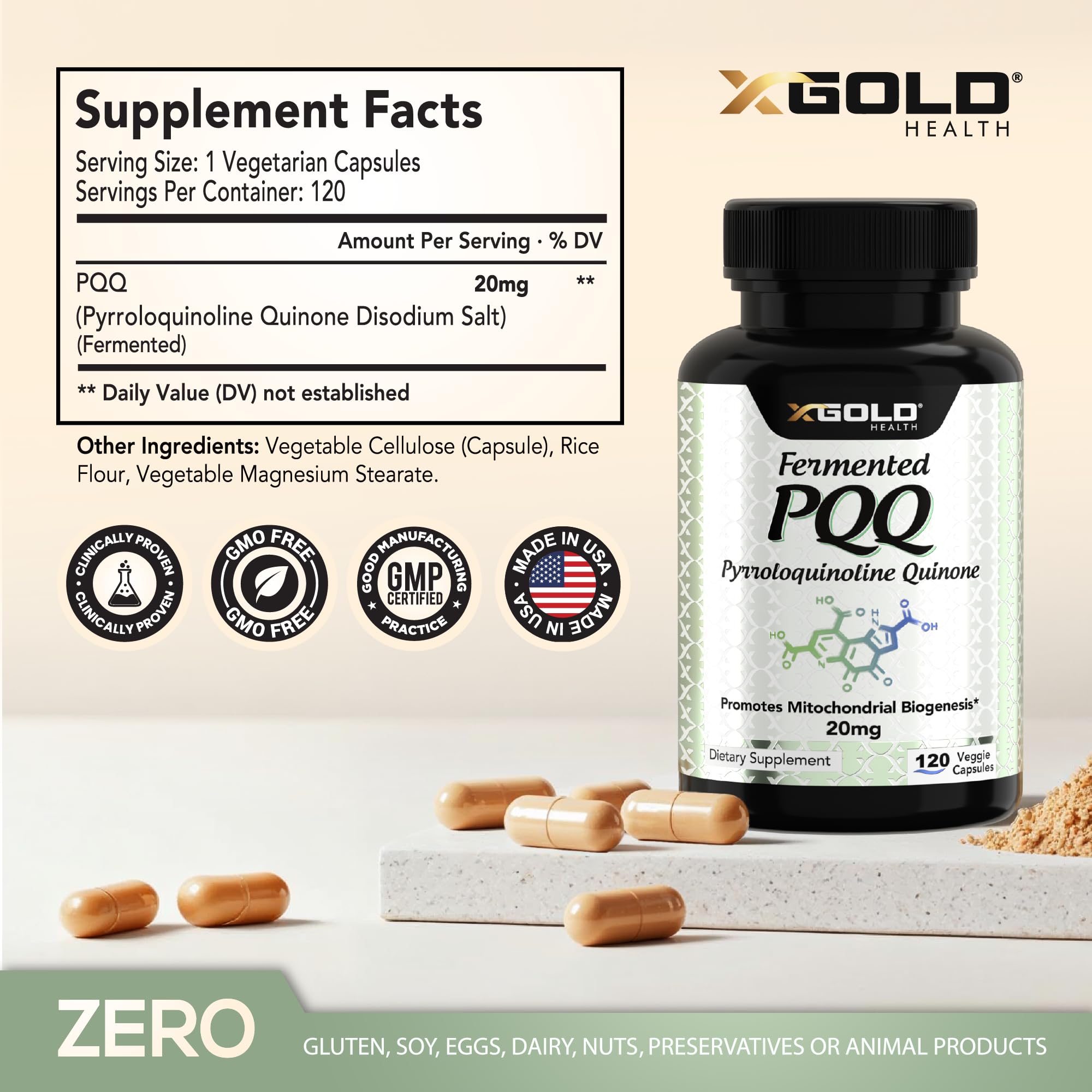 X Gold Health PQQ capsules closeup, conveying clean, stimulant-free energy support