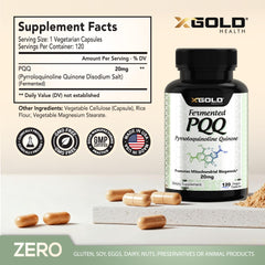 X Gold Health PQQ capsules closeup, conveying clean, stimulant-free energy support