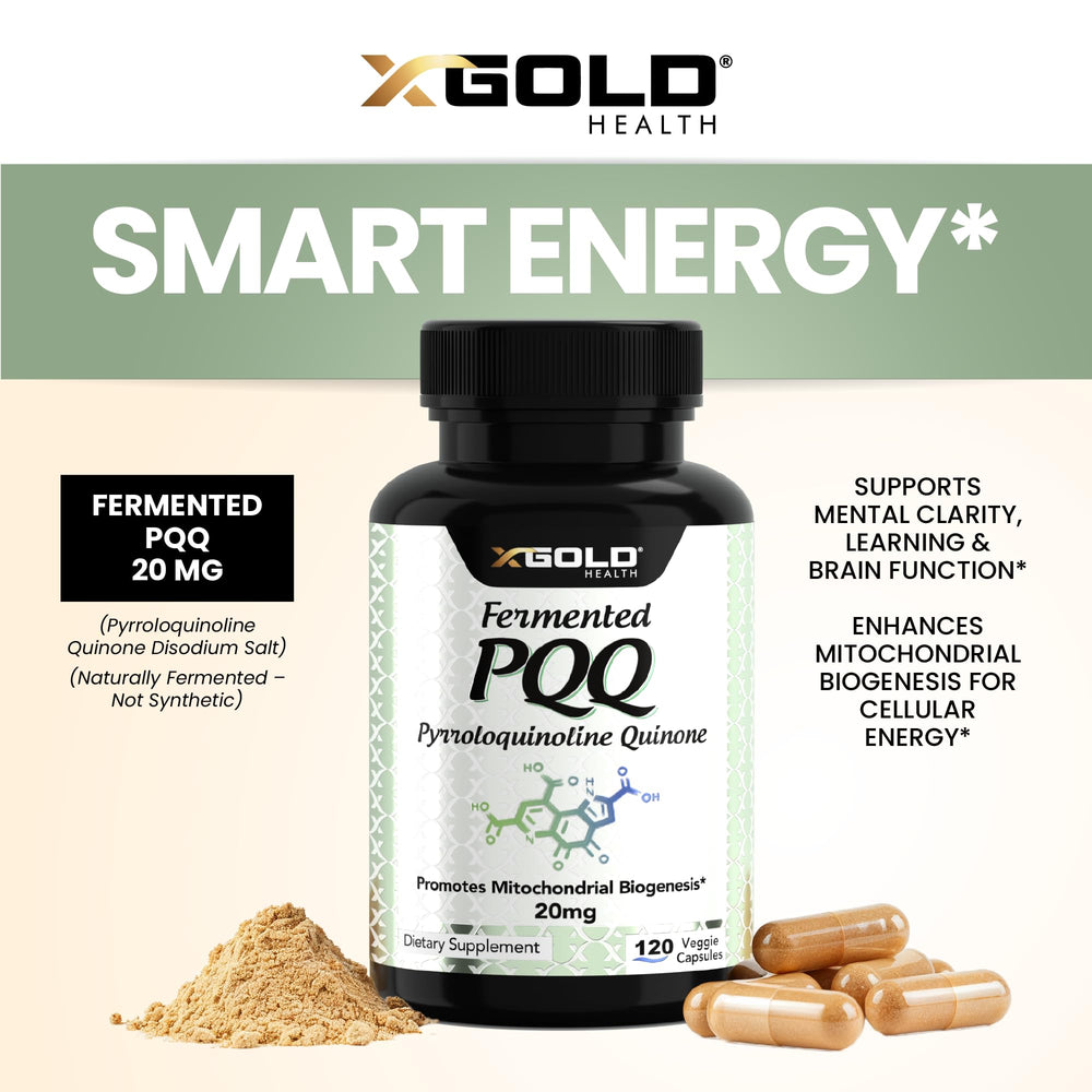 X Gold Health PQQ label detail, highlighting 20 mg per capsule and vegan ingredients