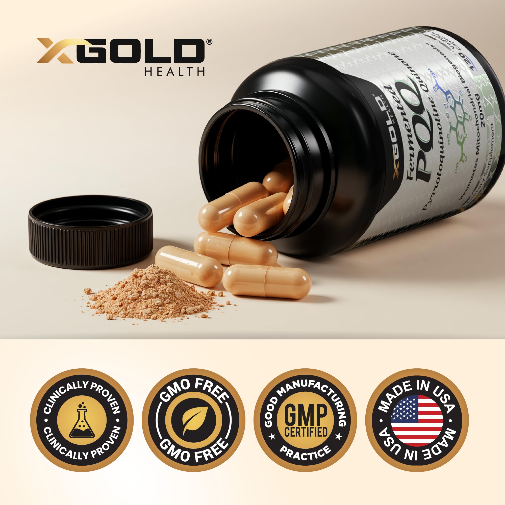X Gold Health PQQ made-in-usa stamp, reinforcing GMP-compliant manufacturing