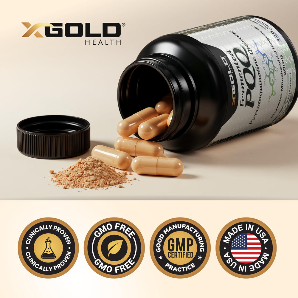 X Gold Health PQQ made-in-usa stamp, reinforcing GMP-compliant manufacturing