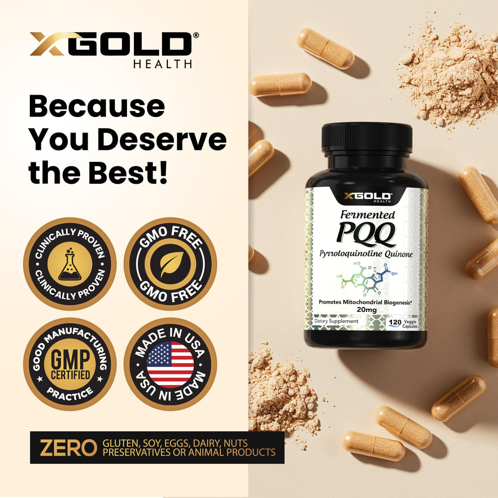 X Gold Health PQQ vegan symbol, emphasizing plant-based, non-GMO formulation