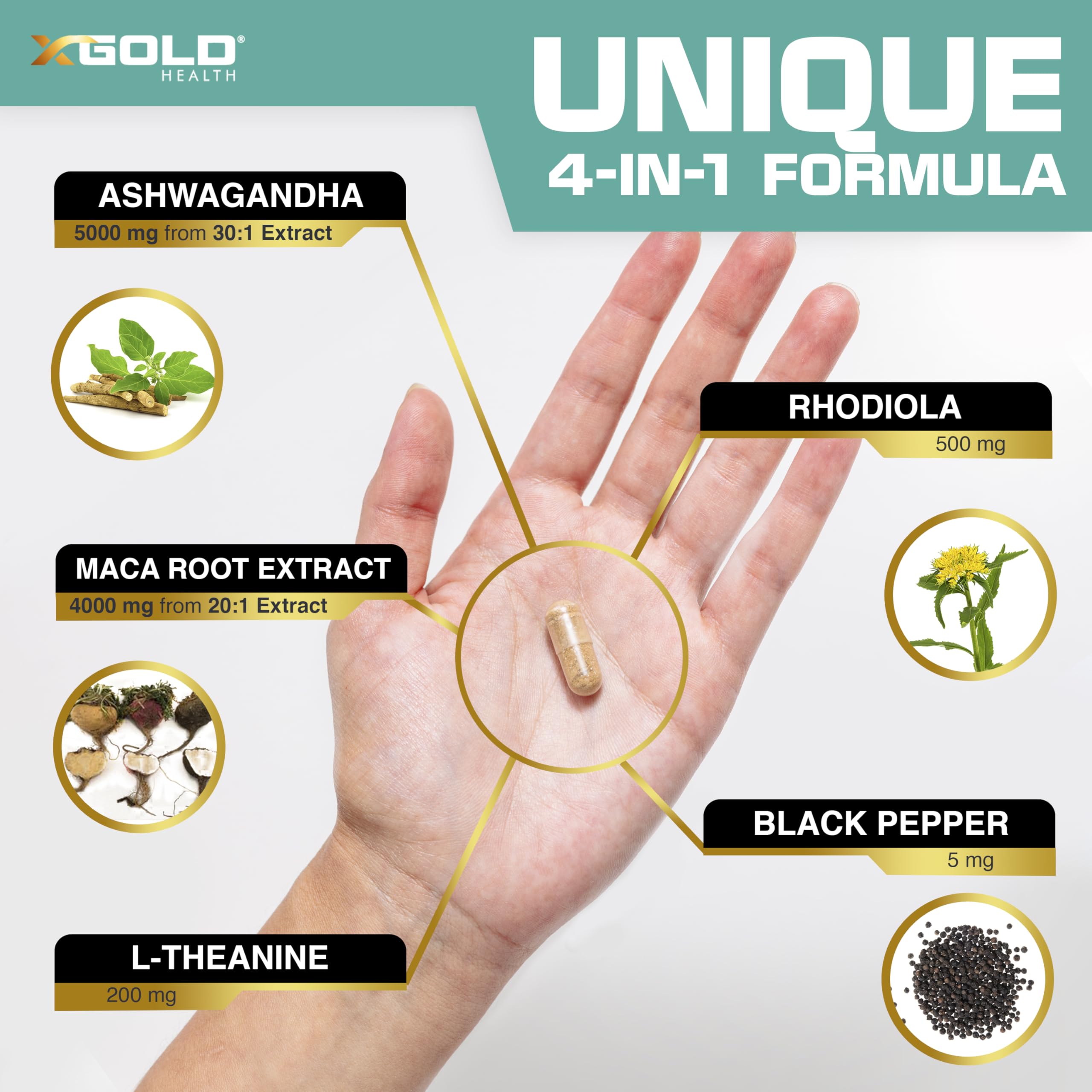X Gold Health Rhodiola–L-Theanine capsules emphasize mood balance and focused calm.