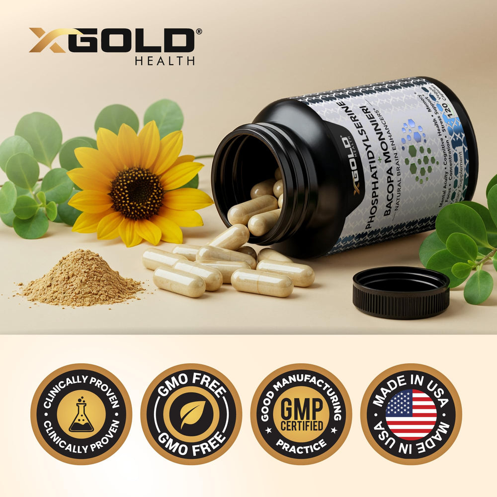 X Gold Health serving scoop image suggests convenient daily dosing for 2-in-1 support.