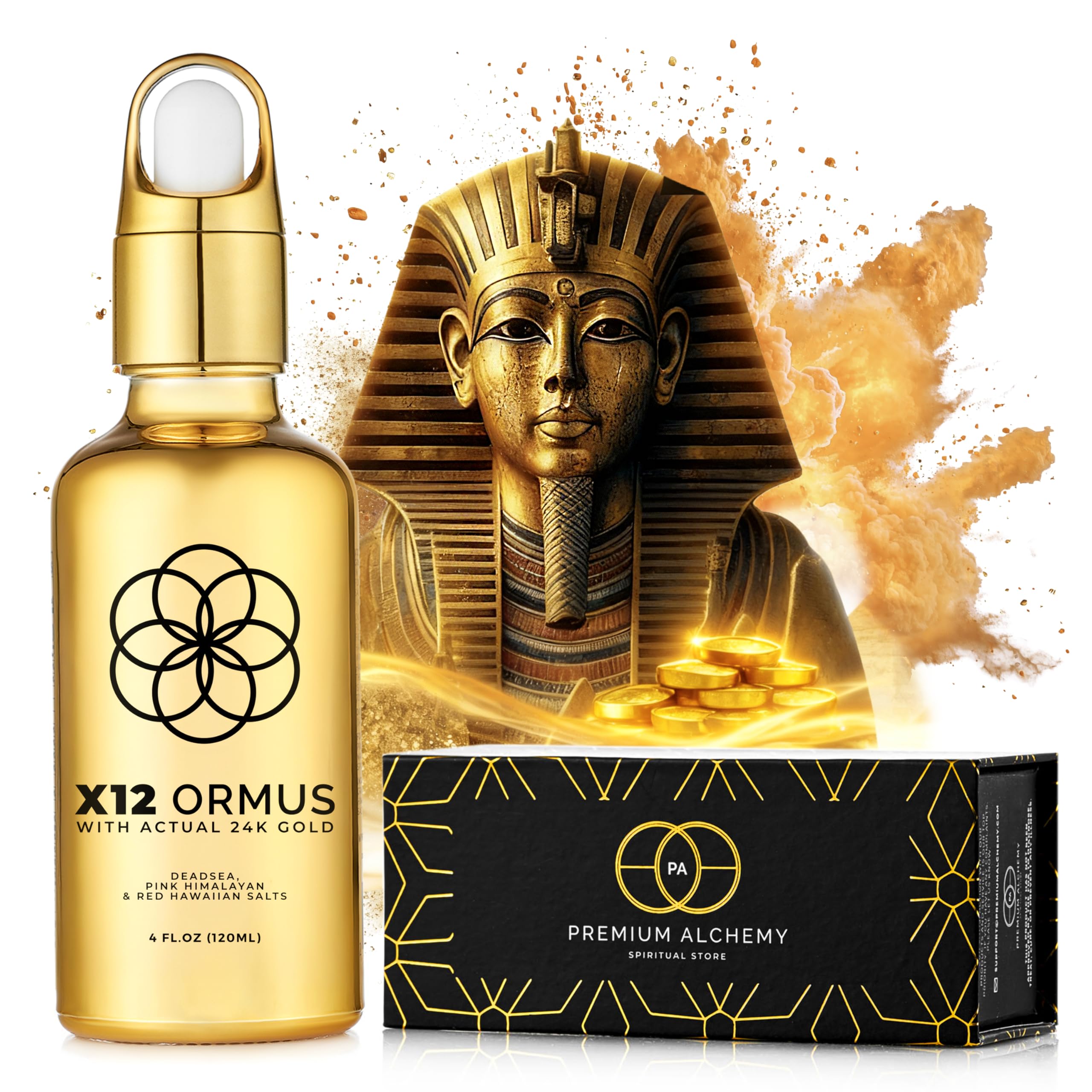X12 Ormus bottle with 24k gold glow supports daily focus.