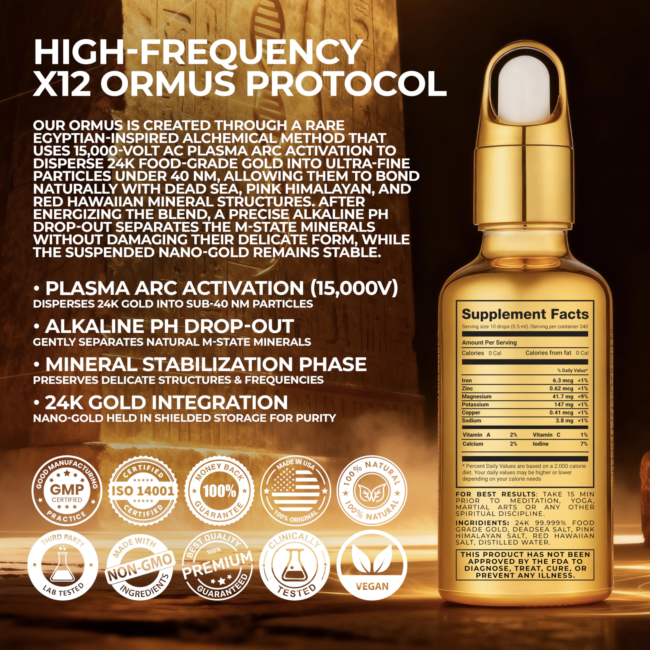 X12 Ormus liquid dropper releasing golden drops for mindful energy.