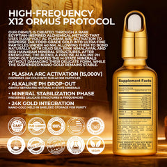 X12 Ormus liquid dropper releasing golden drops for mindful energy.