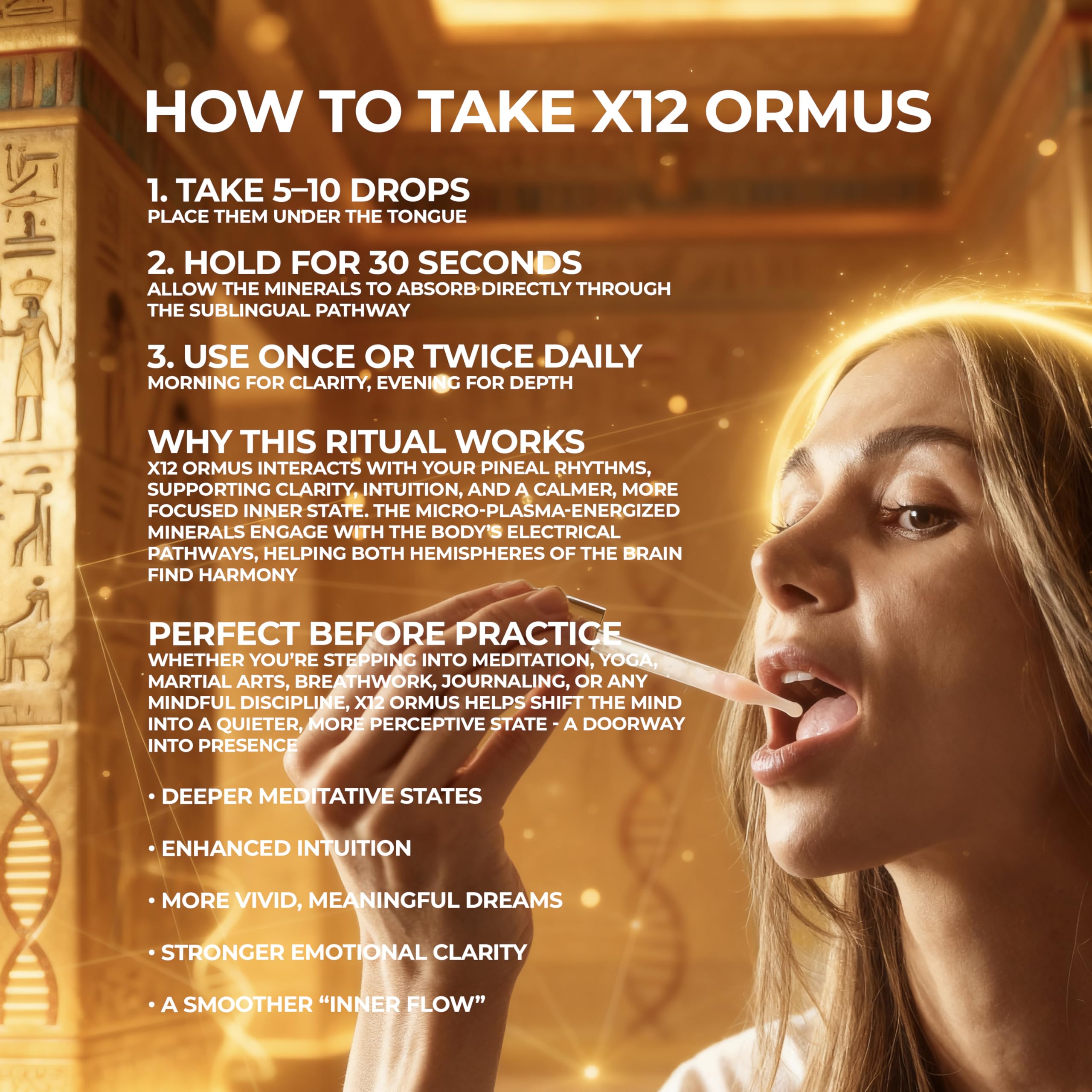 X12 Ormus bottle beside calm setting suggests relaxation and mindful practice.