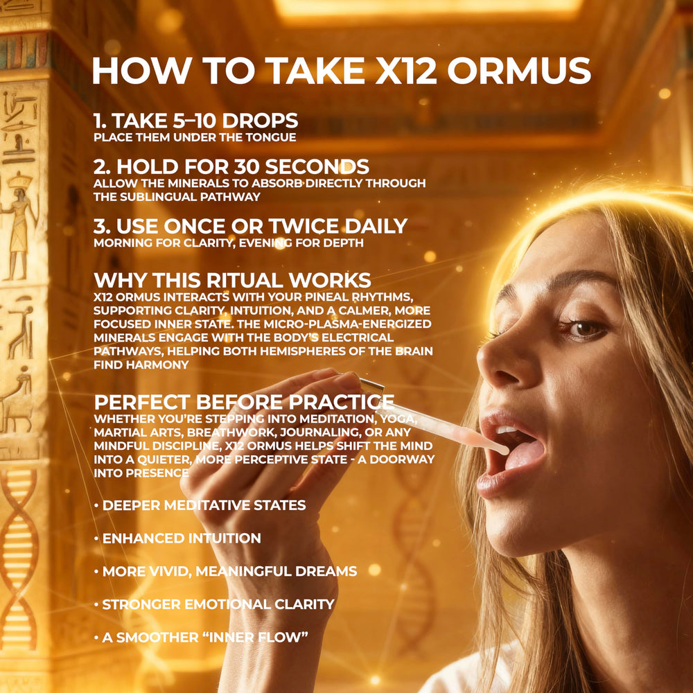 X12 Ormus bottle beside calm setting suggests relaxation and mindful practice.
