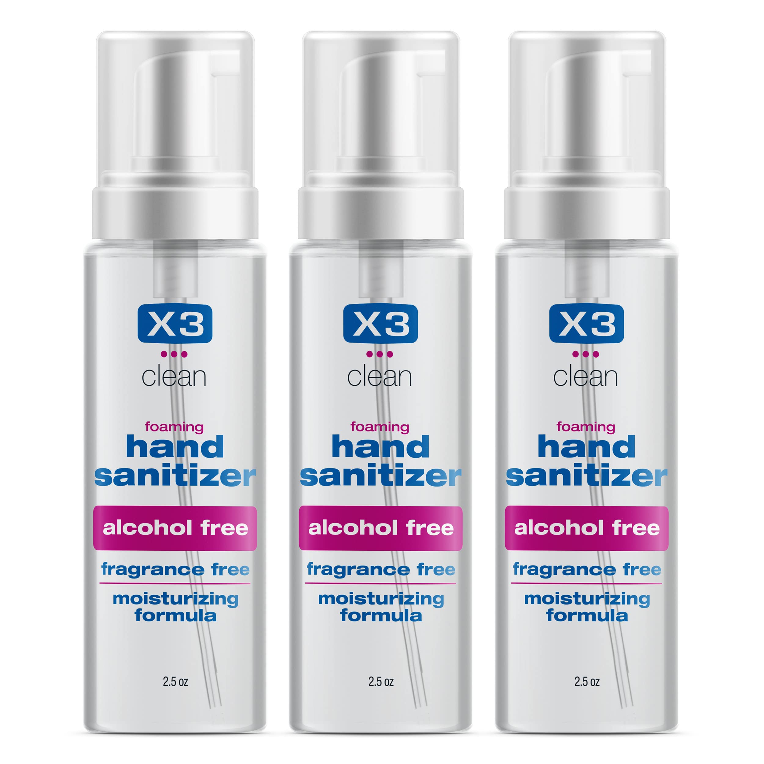 X3 Clean foaming hand sanitizer bottle showing a gentle non-alcohol formula for skin