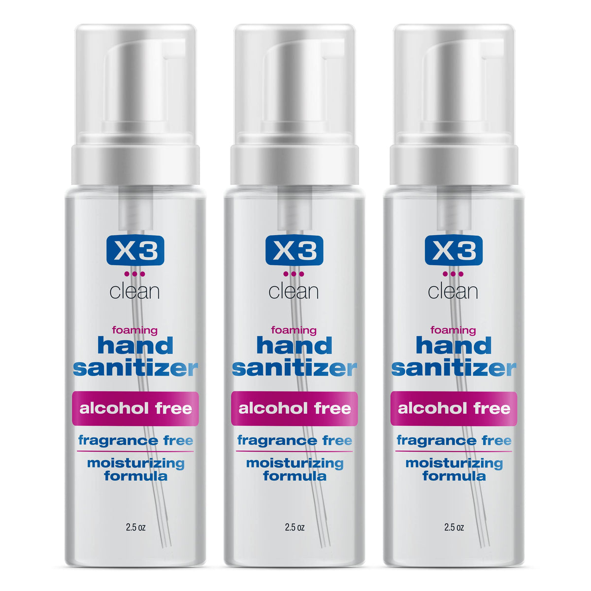 X3 Clean foaming hand sanitizer bottle showing a gentle non-alcohol formula for skin