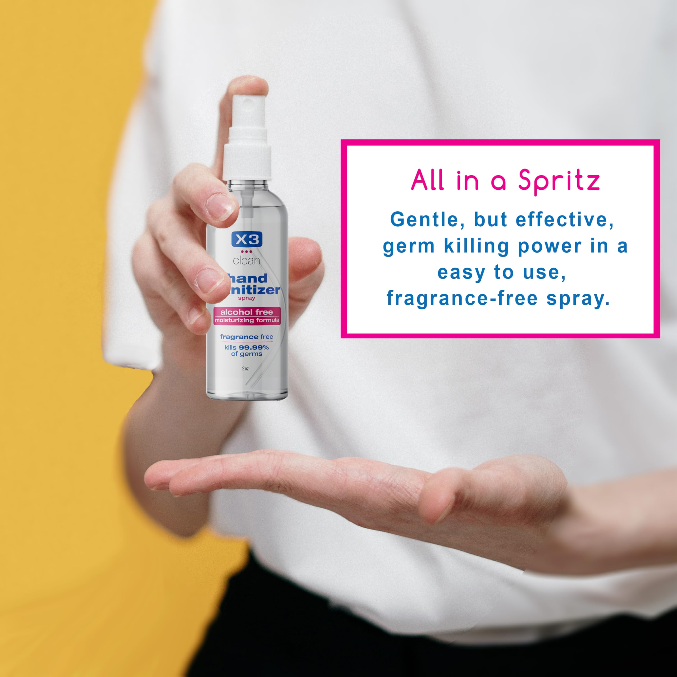 User applying X3 Clean hand sanitizer spray to hands without residue