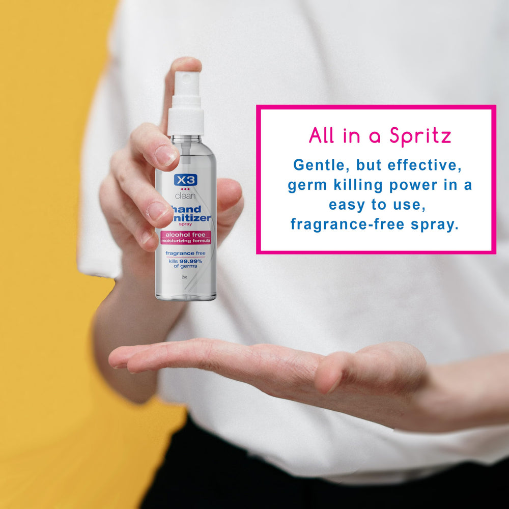 User applying X3 Clean hand sanitizer spray to hands without residue