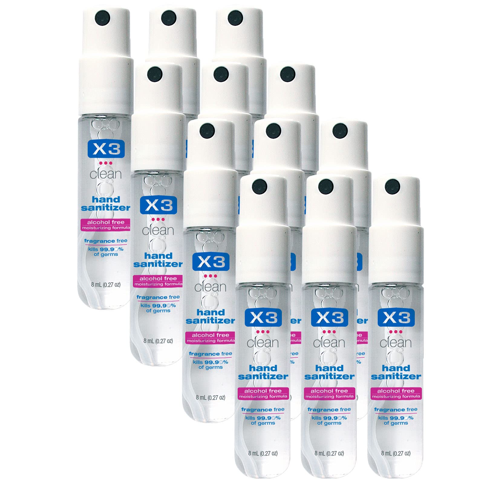 X3 Clean mini hand sanitizer spray with a pocket-size bottle and twist-lock cap for quick on-the-go sanitizing.