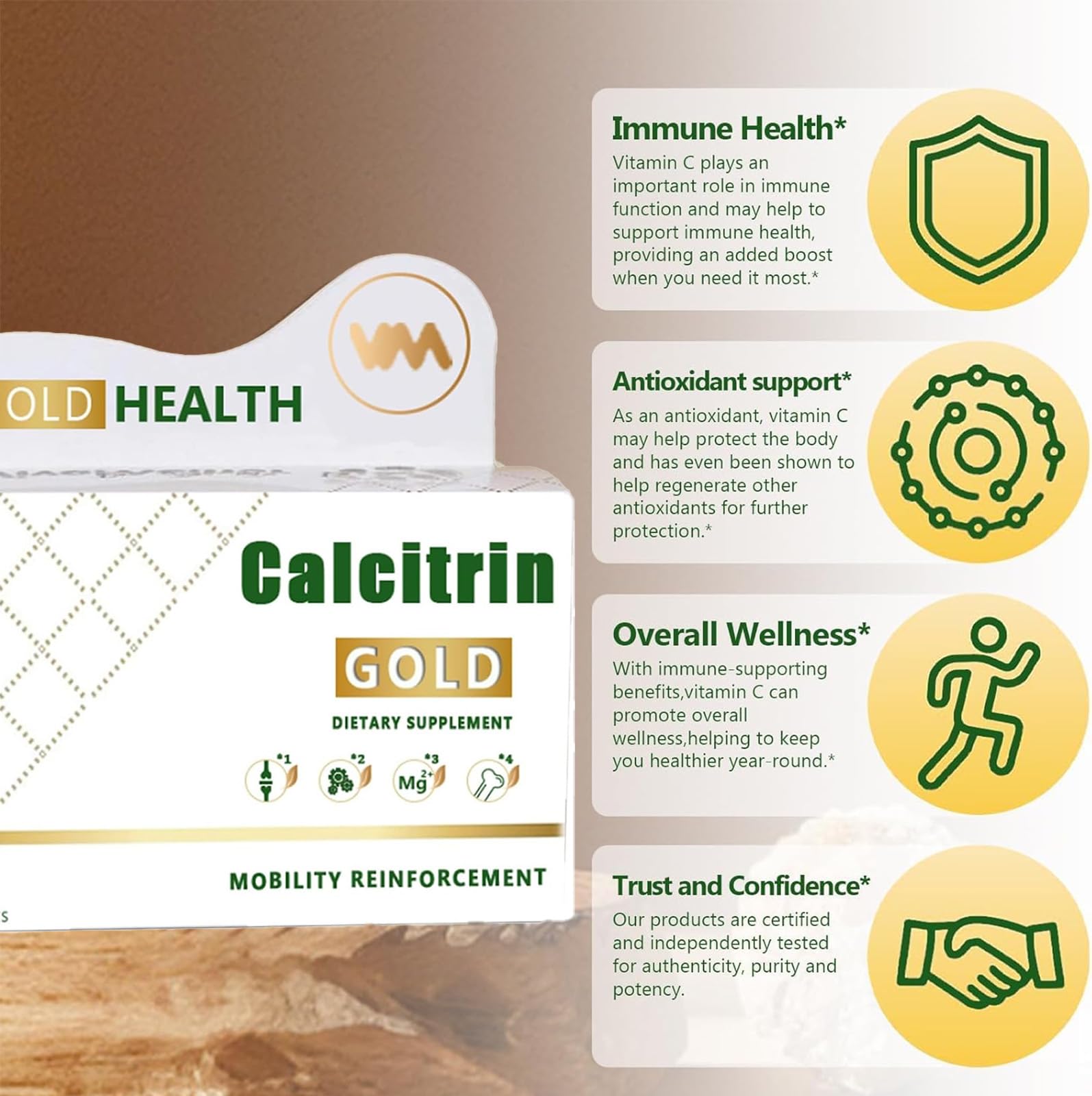XCFXCF Calcitrin Gold person walking implies ongoing mobility support in daily life.