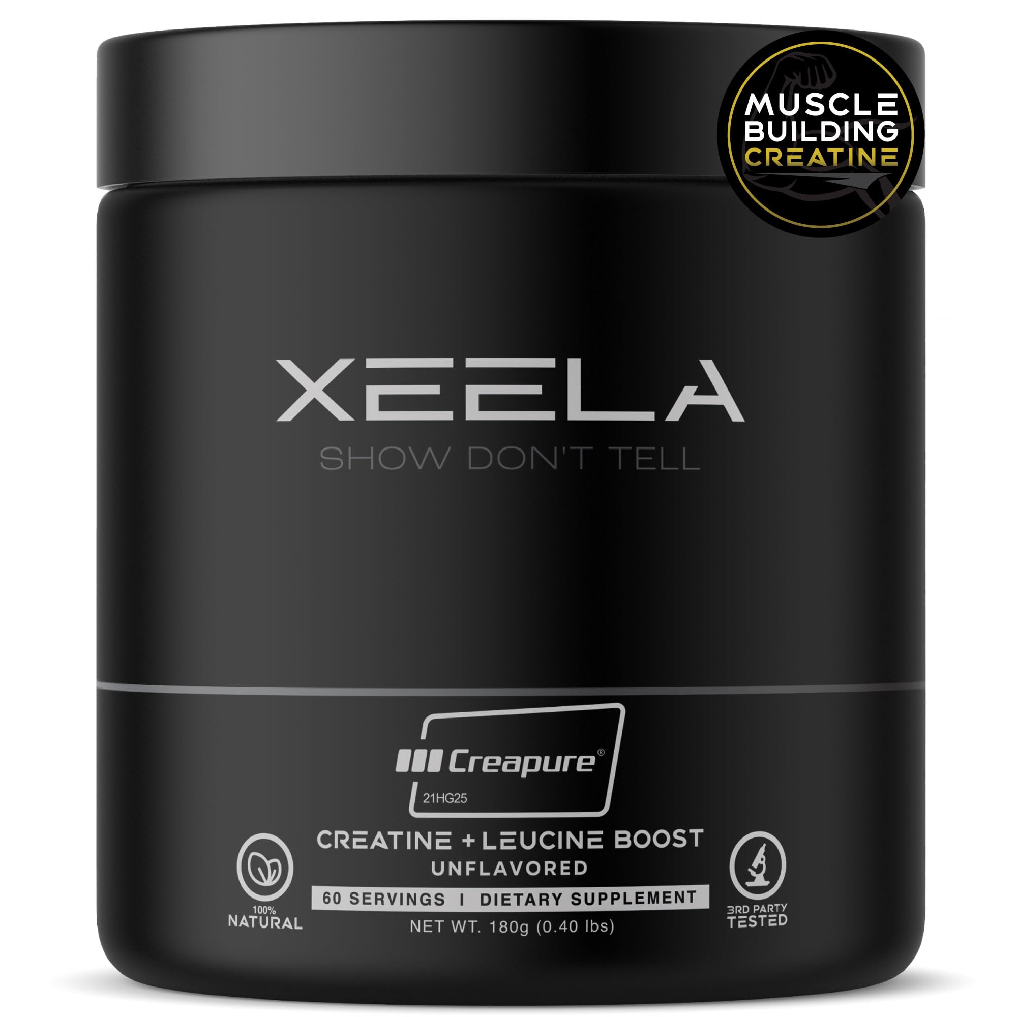 XEELA Creatine bottle closeup highlights Creapure quality for potential strength support.