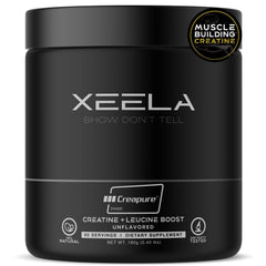 XEELA Creatine bottle closeup highlights Creapure quality for potential strength support.
