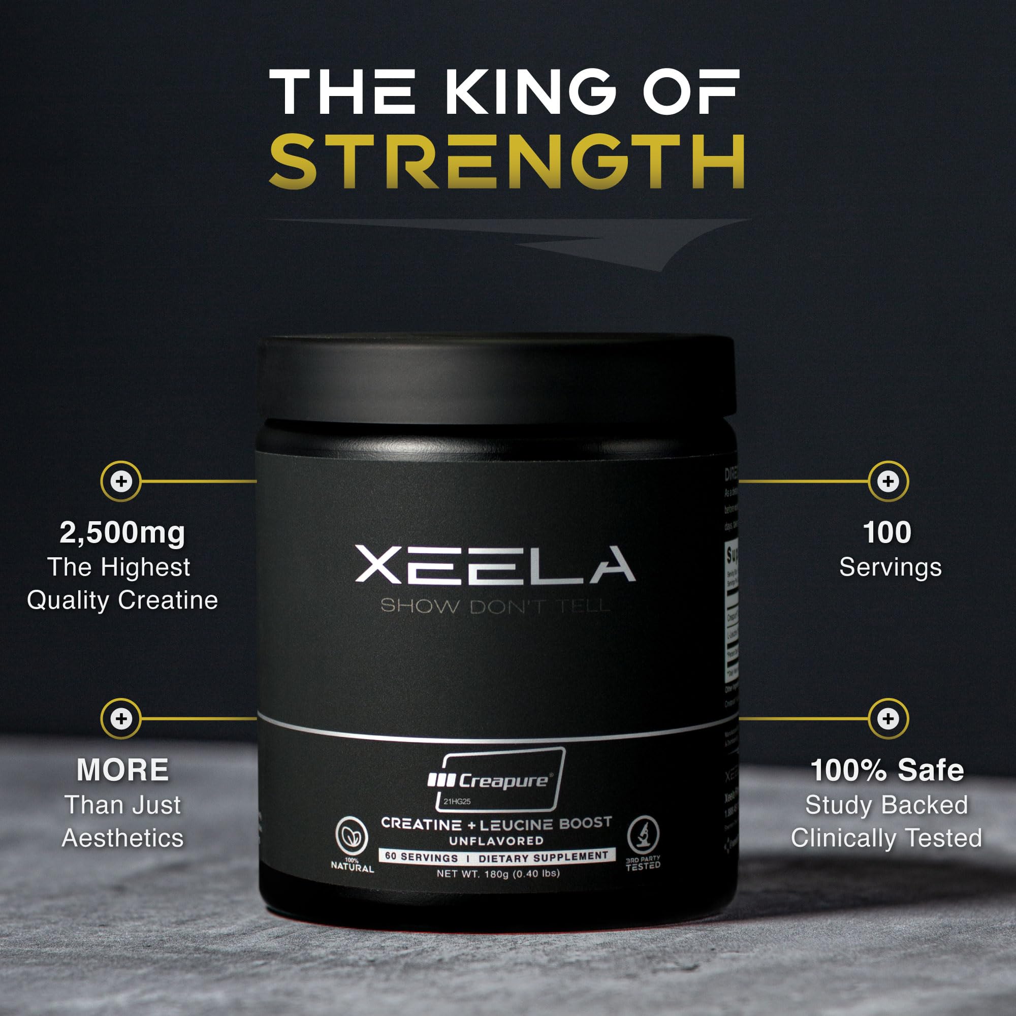 XEELA Creatine Creapure label close-up emphasizes purity for reliable performance.